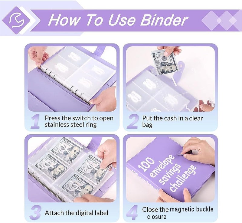 AASLOB 100 Envelopes Money Saving Challenge, 100 Envelope Challenge Binder, Easy and Fun Way to Save $5,050, Savings Challenges Budget Book Binder with Cash Envelopes for Office,Home,School (Purple) - Image 2